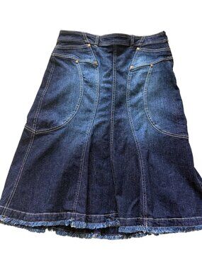 Anthropologie Pilcro Denim A-Line Midi Skirt High Waist Raw Hem Size 6